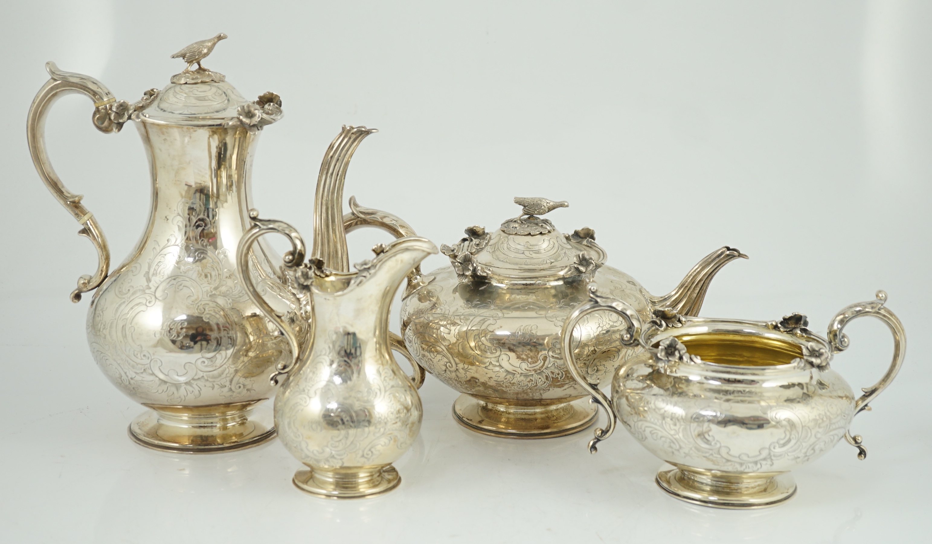 An early Victorian silver four piece tea and coffee service, by John & George Angell